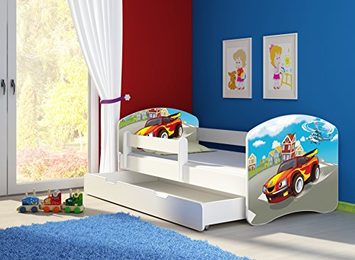 CLAMARO 'Fantasia Weiß' 160 x 80 Kinderbett Set inkl. Matratze, Lattenrost und mit Bettkasten Schublade, mit verstellbarem Rausfallschutz und Kantenschutzleisten, Design: 03 Verfolgungsjagd