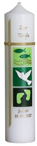 Taufkerze für Mädchen Jungen mit Name und Datum beschriftet Kommunionkerze, Christliche Kerze mit Fisch Kreuz Taube Grün Patenkerzen Taufspruch Kerzengröße wählbar