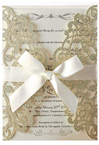 Hosmsua 20x Hochzeit EinladungsKarten Für Lasercut Elegante Blume Spitze Glückwunsch Einladung Karten, 20 Stück inkl Umschläge (Champagner Glitzer)