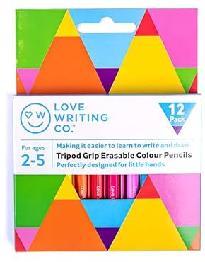 Love Writing Co. Erasable Colouring Pencils for Children | Ages 2-5 | Pack of 12 Easy Tripod Pencil Grips for Children | Soft & Vibrant Chunky Pencils For Colouring | Designed for Children's Hands