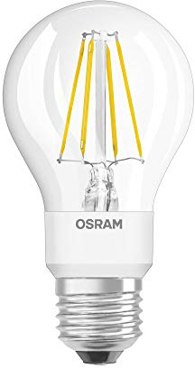 OSRAM STAR+ Dimmbare Filament LED Lampe mit E27 Sockel, Warmweiss (2200K bis 2700K) mit GlowDIM-Effekt, 4.50W, klassische Birnenform, Ersatz für 40W-Glühbirne, klar, CLASSIC A GLOWdim, 4er-Pack