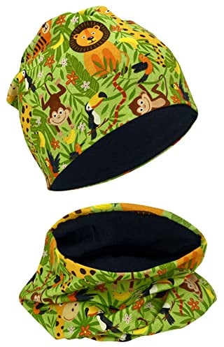 HECKBO - Dschungel Beanie & Loop Schal Set - Wendbar für 2-8 Jahre - Für Frühling & Herbst - Atmungsaktive Baumwolle - Kinder Schal & Mütze, Dschungel, Baumwolle