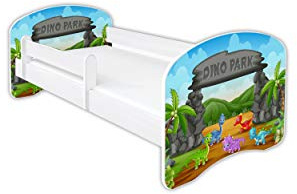 Clamaro 'Schlummerland' Kinderbett 80x180 (bis 150kg belastbar) mit Motiv, Rausfallschutz, Kantenschutz, Matratze und Lattenrost | Jugendbett Weiß | Motiv: 04 Dino Park