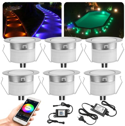 6er Led Bodeneinbaustrahler RGBWW Außen, Bluetooth Ø45mm Led Bodenspots Außen Terrassen Bodeneinbauleuchten Einbaustrahler Dimmbar, DC12V IP67 Wasserdicht Terassenbeleuchtung (RGB + Warmweiß)