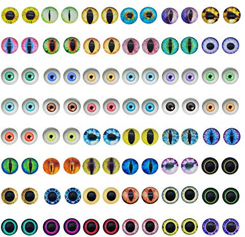 JJGrace 90pcs(45pairs) 15mm Mixed Style Round Glass Dragon Eye Owl Cat Eyes Gem Cover Dome Cabochons for DIY Jewelry Making Doll Eyes Making