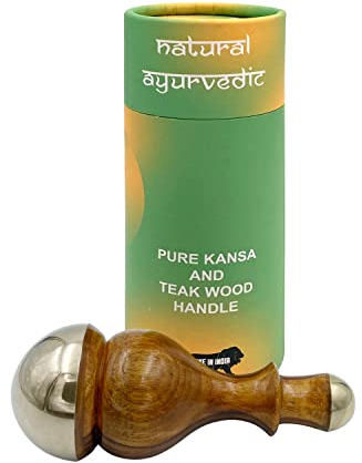HEALTHANDWEALTH Kansa Wand Détox Visage Bronze/Kansa Wand Masseur pour le corps et les pieds avec manche en bois pour la désintoxication (Capuchon Kansa moyen et mini des deux côtés)