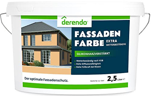 derendo Fassadenfarbe terracotta 2,5l mit EXTRA hohem Wetterschutz, matte silikonharzverstärkte Fassaden Farbe, hohe Deckkraft und gute Füllkraft bei kleinen Rissen (Ockergelb)