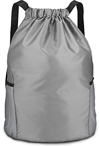 Dacitiery Bolsa de gimnasio con cordón, mochila con cordón, bolsa de polietileno unisex con cierre exterior, saco deportivo para gimnasio con dos bolsillos laterales, bolsa de cordón grande, gris, L