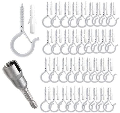 TAIHUIMY Screw Hooks Q-Hanger Hooks for Outdoor String Lights, Christmas Rope Lights Clips, Wall Cabinet Ceiling Eye Hook with Safety Buckle for Wire Party Light Plants Wind Chimes (White, 40PCS)