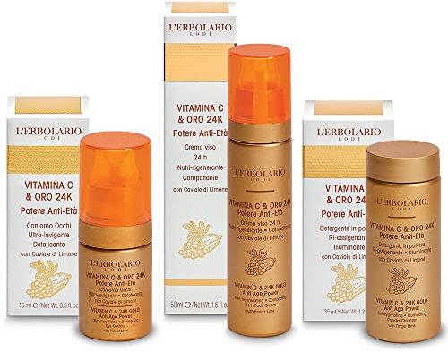 L' Erbolario - Pacchetto Anti Age VITAMINA C e ORO 24k - 1 Crema viso 24h + Detergente in Polvere + 1 Contorno Occhi Levigante + in OMAGGIO Saponetta vegetale Florinda da 50 gr