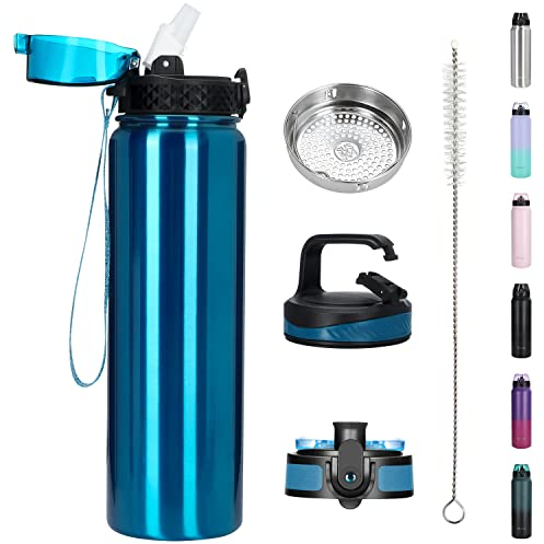 OLDLEY Edelstahl Trinkflasche mit Strohhalm 1L Isolierte flasche mit 3 Deckel Große Thermosflasche 1 Litre Auslaufsicher Halten Heiß Kalt für Sport Gym Camping Fahrrad (Blau, 3 Deckel)