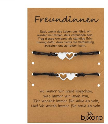 Bixorp Freundschaftsarmband für 2 mit Herz-Anhängern Silber - BFF Armband für Mädchen & Damen - Ideales Geburtstagsgeschenk für die beste Freundin