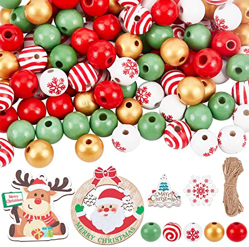 SUNNYCLUE 100pcs Weihnachtsperlen Weihnachten Holzperlen Zum Basteln Rentier Charms Holz Weihnachtsanhänger Rund Bemalte Perlen Spiralperlen Juteschnur Weihnachtsbaumschmuck Festival Wohnkultur