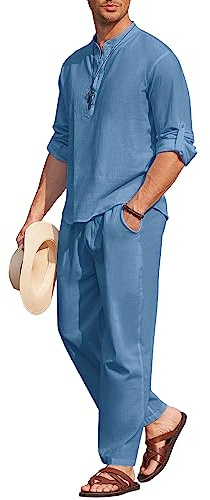 COOFANDY Men's 2 Pieces Cotton Linen Set Long Sleeve Henley Shirts Casual Beach Pants With Pockets Summer Yoga Outfits, Denim Blue, XX-L