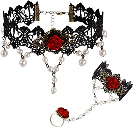 MILAKOO Choker Gothique Noir Collier de Dentelle Avec Bracelet Rose Avec Anneau Set Victorian Collier