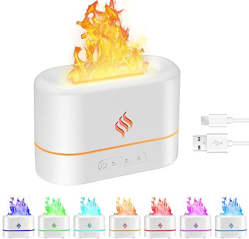 Vusddy Flammen Aroma Diffusor,Diffuser Luftbefeuchter,3 Timer, 7 Farbigem,Wasserlose Abschaltautomatik, Luftbefeuchter Humidifier Für Zuhause, Büro, Schlafzimmer, Räume(White)