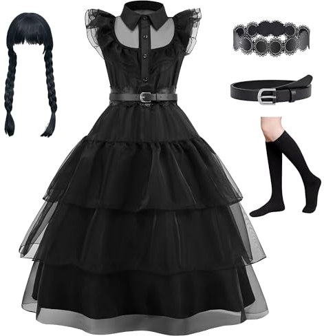 WIOLETA Schwarz Kleid Mädchen mit Perücke, Gürtel, Gürtelpolster, Socken für 4-13 Jahre