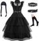 WIOLETA Schwarz Kleid Mädchen mit Perücke, Gürtel, Gürtelpolster, Socken für 4-13 Jahre