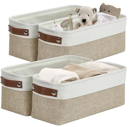 DECOMOMO Narrow Storage Bins Small Baskets for Organizing Bathroom, Toilet Tank, Towel Storage, Entryway, Gifts (Beige and White - Set of 4)