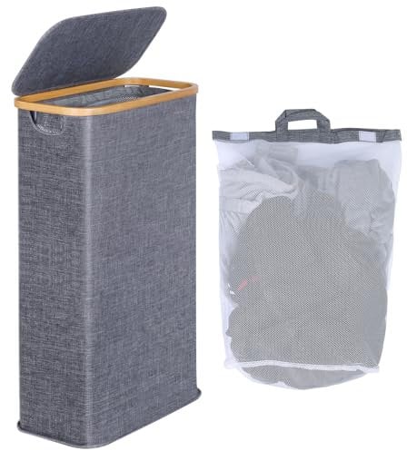 efluky Narrow Laundry Baskets with Lid, Tall Slim Wash Basket for Laundry, Foldable Small Slimline Laundry Basket for Dirty Clothes, 63L Cloth Storage Basket Blue-grey
