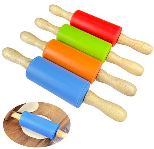 4 Pièces Rouleau a Patisserie Enfant, Rouleau Patisserie Enfant, Silice Rouleau à Patisserie, Rouleaux à Pâtisserie, Rouleau Patisserie Convient pour Adultes et Enfants (Rouge/Orange/Vert/Bleu)