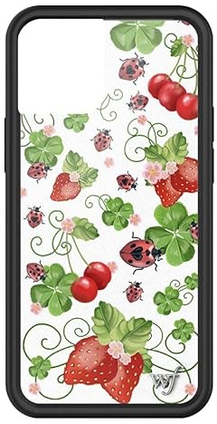 Wildflower Bugs n Berries Hülle, kompatibel mit Apple iPhone 13 Mini, Weiß, Beeren, Rot, Marienkäfer, trendig, schützender schwarzer Stoßfänger, 1,2 m Falltest-zertifiziert, kleines Unternehmen im