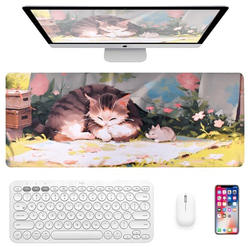 Large Anime Gaming Keyboard Mat, Anime Cat Desk Pad with Non-Slip Rubber Base, Computer Desk Mat with Kitten Pattern, Anime Desk Mat with Smooth Surfaces for Gaming, Office, Home, 800×300×3MM(Cat-003)