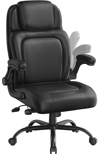 Yaheetech Faux Leather Executive Office Chair with Flip-up Armrests Ergonomic Large Cushioned Seat Task Chair for Home Office,Height Adjustable,Black