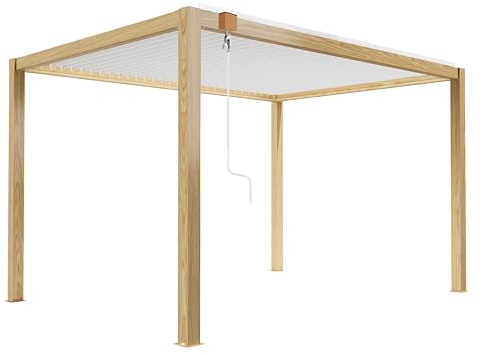 Pergola bioclimatica autoportante in legno bianco 3 x 4 m + 2 tende