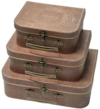 Trendi Set of 3 Decorative Storage Boxes with Lids Paperboard Suitcases, Cardboard Gift Box Memento Case Box Photo Storage Box Hat Boxes Home Decoration, Vintage Suitcases (Brown Classic)