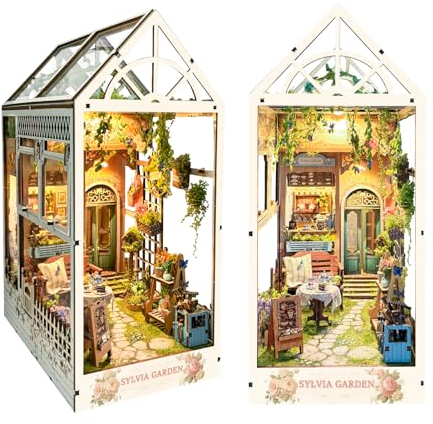 Spilay Book Nook Kit, DIY Puppenhäuser Holz Miniatur Haus Möbel Kit Mit LED-Licht, 3D Holzpuzzle Buchstütze Bücherregal Dekoration, Buchstützen Modell Build-Creativity Kit-(Sylvias Garten) SQ22