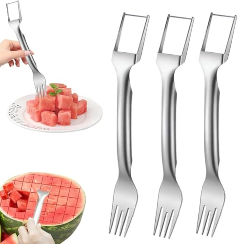 SagTuol Coupe Pastèque 3 Pcs, 2 en 1 Coupe Melon en acier inoxydable Fourchette à Fruits, Outil de Coupe de Fourche de melon d'eau, idéal pour une utilisation à la maison ou en camping