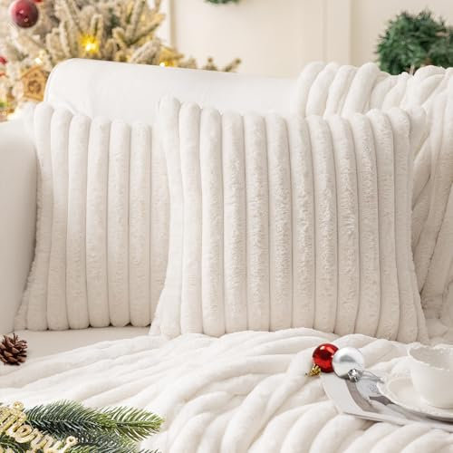 mosayt Kissenbezug Weihnachten 35x35 Plüsch Fell 2er Set Creme ultra doppelseitig weich flauschig Winter Deko Sofa Kissenbezüge Kissenhülle Deko Kissen Sofakissen Wohnzimmer Cushion Covers Bett Herbst