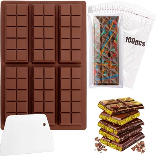 Moule à chocolat en silicone à 6 cavités, moule à barre de chocolat antiadhésif d'une seule pièce, un moule avec 100 sachets, un grattoir, adapté aux débutants en bricolage de chocolat et de bonbons
