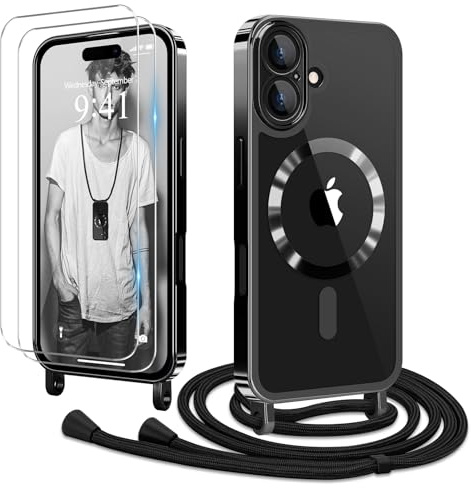 Ethanger für iPhone 16 Hülle mit Band + 2 Schutzfolie, Schwarz | Handyband Transparent Silikon Handyhülle, Magnetische Schutzhülle Case zum Umhängen Kordel