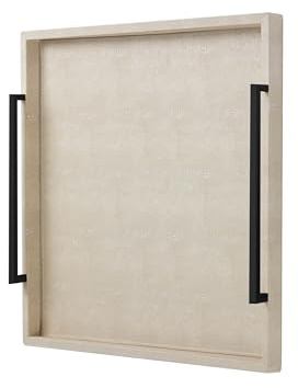24x24 Oversized Ottoman Tray with Black Handle for Living Room, Ivory Faux Shagreen Leather Extra Large Square Decorative Tray for Coffee Table Home Accent(Ivory-Black Handle, 24)