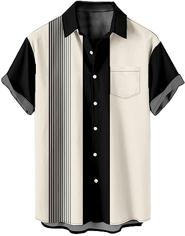 Generisch Herren Hemd Freizeithemden mit Tasche Casual Hawaiihemd Vintage Bowling Shirt 1950er Retro Rockabilly Stil Kurzarm Button Down Musik Hawaiihemden Bügelleichte Oberteile Prime Weiß 4XL