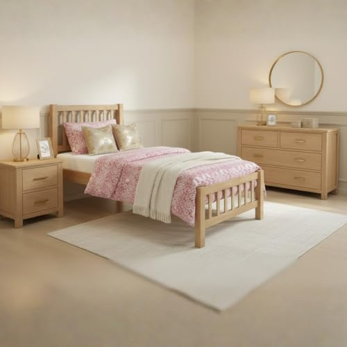 Reinforced Beds BANHAM BED – Solid Wooden Bed Frame, Heavy Duty Rubberwood, Shaker Style Design, 28mm Thick Slats (Oak, Single)