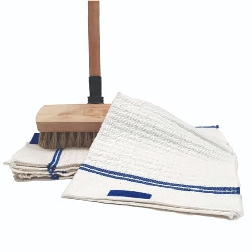 LNT France - Balai Brosse en Bois + 5 Serpillères autofixe 50x50cm, Fabriquées en France, très résitants. Manche de 130 cm.