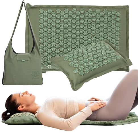 XTREXO ECO Akupressurmatte Eco mit Kissen 40x30 cm in Grün mit Mattengröße 68x44x2 cm Aus Leinen PVC Spikes Akupunkturmatte Reduzieren Verspannungen Unterstützt den Schlaf