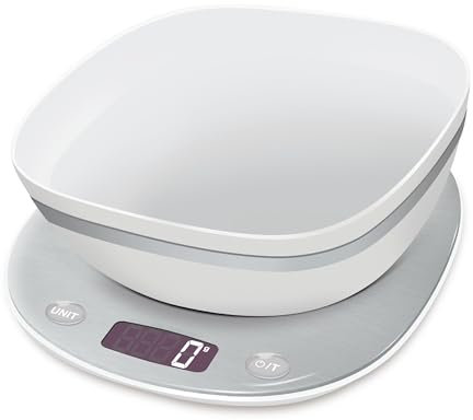 TERRAILLON – MACARON GLACEE + BOL – Báscula de cocina electrónica, acabado inoxidable, cuenco de 1,5 L, pantalla LCD retroiluminada, asa integrada, capacidad 5 kg, graduación 0,5 g/1 g, acero