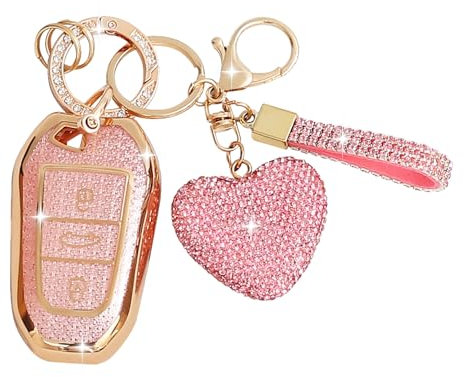 ZVRSUA Coque de Clé de Voiture avec Porte-Clés Strass en Forme de Cœur – Compatible avec Peugeot 2008/3008/5008/308/508 ,Smart Key,3 Boutons (Rose)