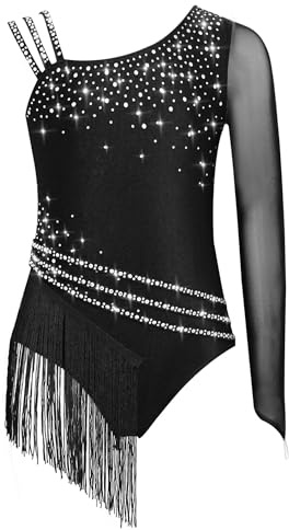 Yruioon Maillot de gimnasia para niña, con brillantes, con flecos, con flecos, con diamantes de imitación, para danza
