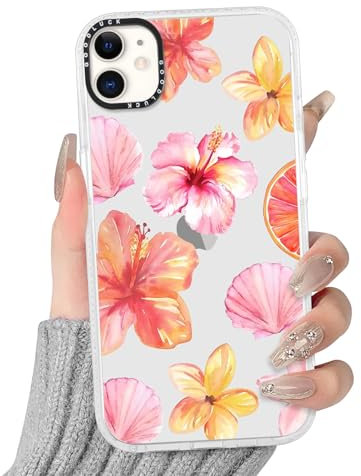 Yoedge Transparent Handyhülle für iPhone 12/iPhone 12 Pro Hülle, Aesthetic Hibiskus Blumen Sommer Muster Muschel Design Mädchen Geschenk Schutzhülle,Silikon Case Cover für iPhone12 6,1,Rosa Flower