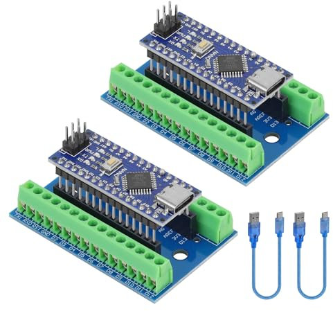 YELUFT 2 Stück Nano Board 328P MCU CH340G 5V 16MHz Typ-C-Anschluss mit USB-Kabel + Nano I/O Shield V1.O Terminal Adapter Erweiterungsboard Kompatibel mit Arduino IDE
