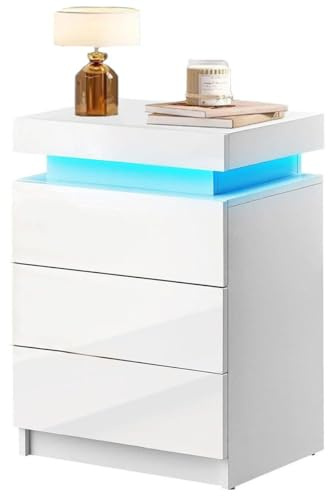 Oyajia Weiß Nachttisch mit RGB-Beleuchtung, 2 Schubladen Bettschrank, Leise Schubladen & Fernbedienung,USB-Ladeanschluss, Perfekt für Schlafzimmer oder Wohnzimmer (3 Schubladen)