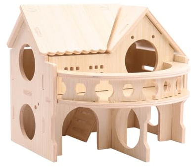 Improved Safety Large Balcony Small & Cute Wooden Hamster House with Large Balcony – Double-Decker Forest-Style Hut for Dwarf Hamsters, Mice, Gerbils, Rats & Small Pets (Compact Size Only)