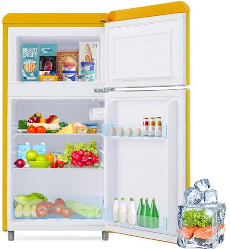 Frigo combiné avec congélateur supérieur,technologie à réfrigérant écologique,design rétro pratique,système de refroidissement rapide,bac à légumes transparent,pieds réglables pour stabilité (Jaune)