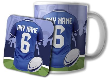 AK Giftshop Personalised Rugby Mug and Coaster Gift Set, 320ml Ceramic Cup, Sports Jersey Design with Name & Number On Shirt (Leinster)