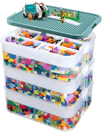 BREEZENEST 3-Tier Lego Organiser with Lids Stackable Lego Storage Box with Adjustable Compartments White Minimalist Design for Building Bricks, 33x33x34cm (Transparent)